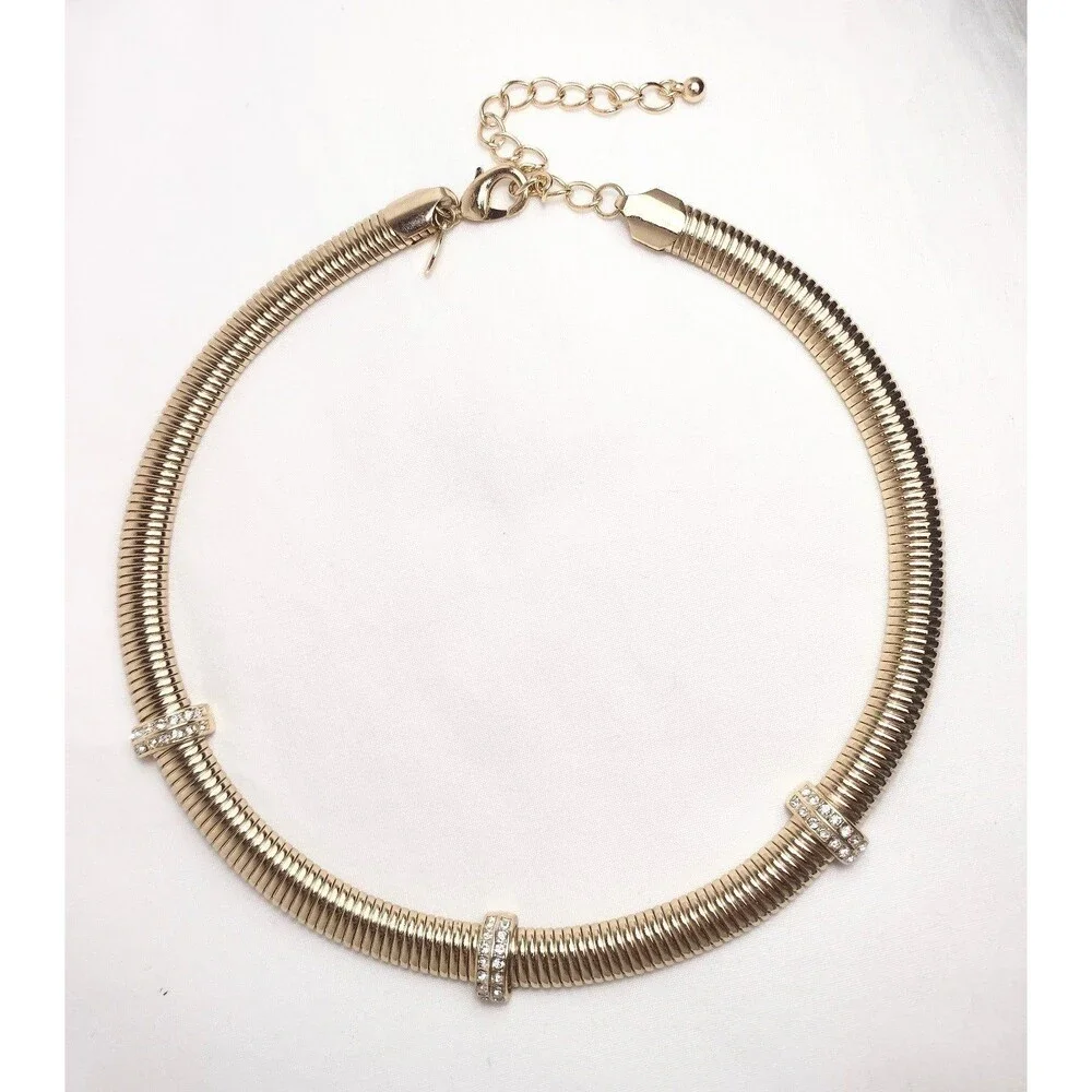 Vintage Omega Coil Gold tone Rhinestone Statement Necklace